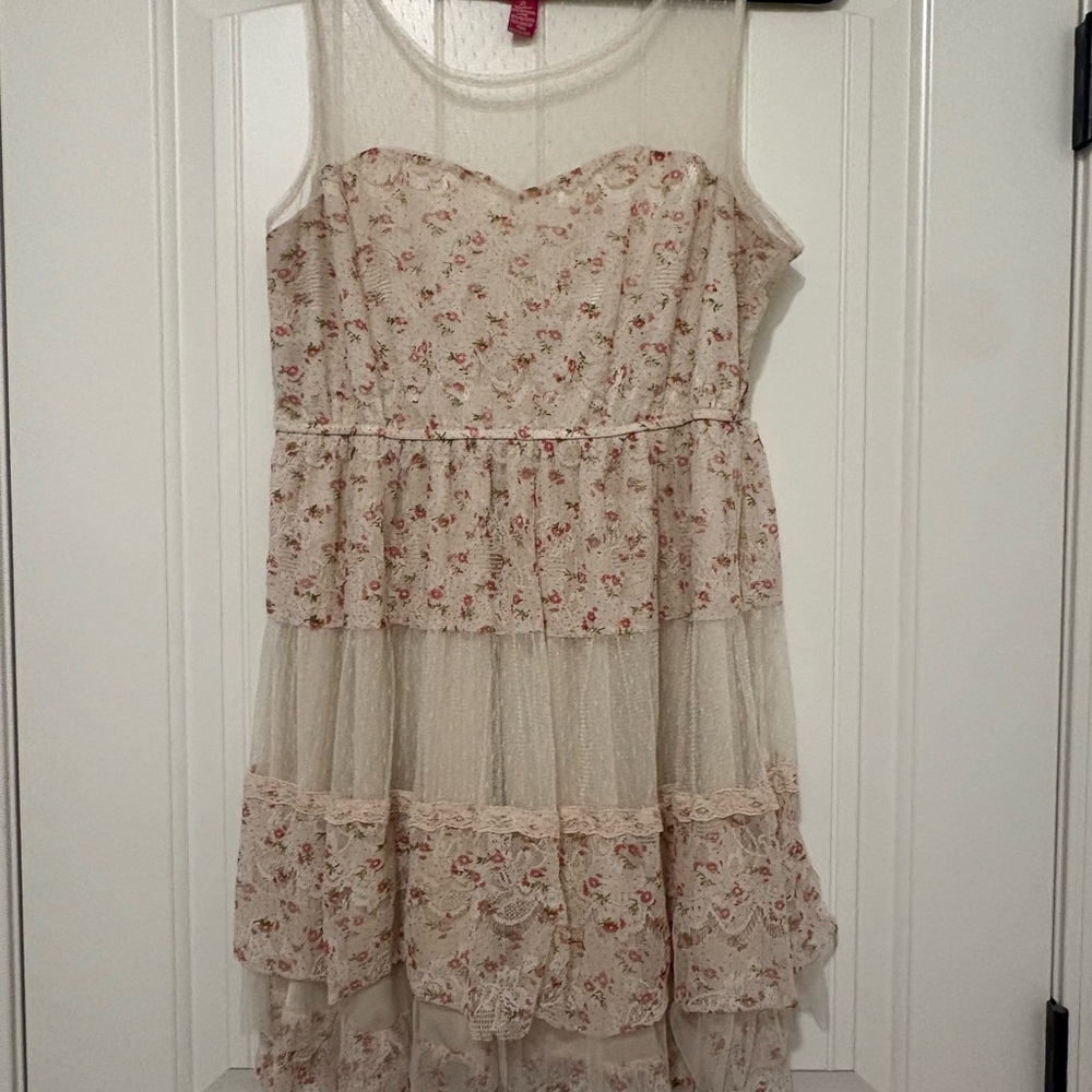 Ultra Pink Cream Floral Tiered Mini Dress Sheer Mesh Lace Trim Coquette